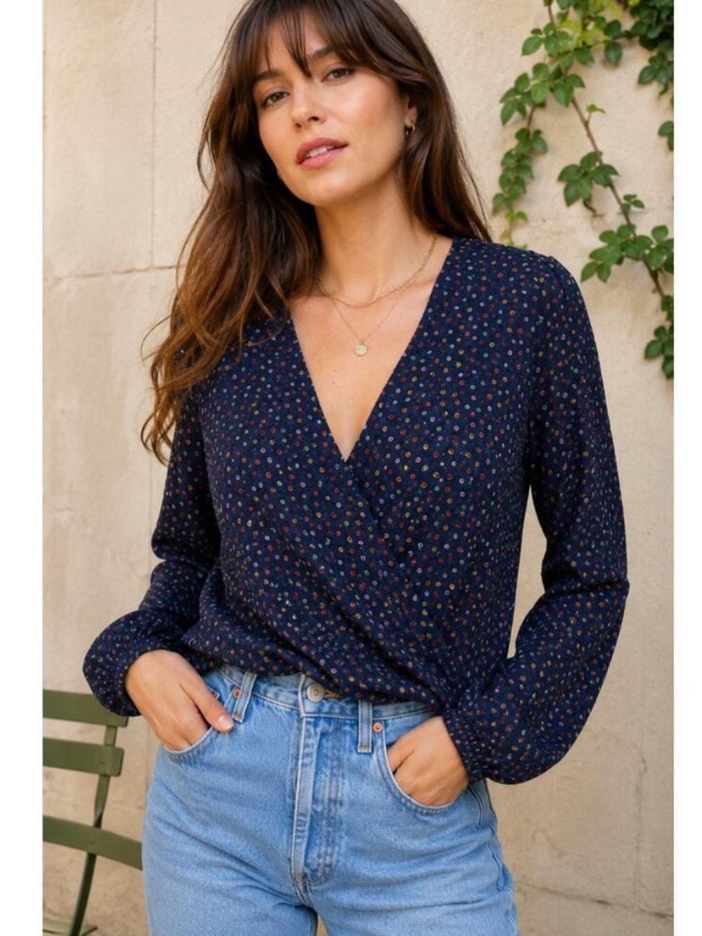 Madewell Lyric Wrap Top Navy Sugar Dot Long Sleeve Draped Blouse Size L